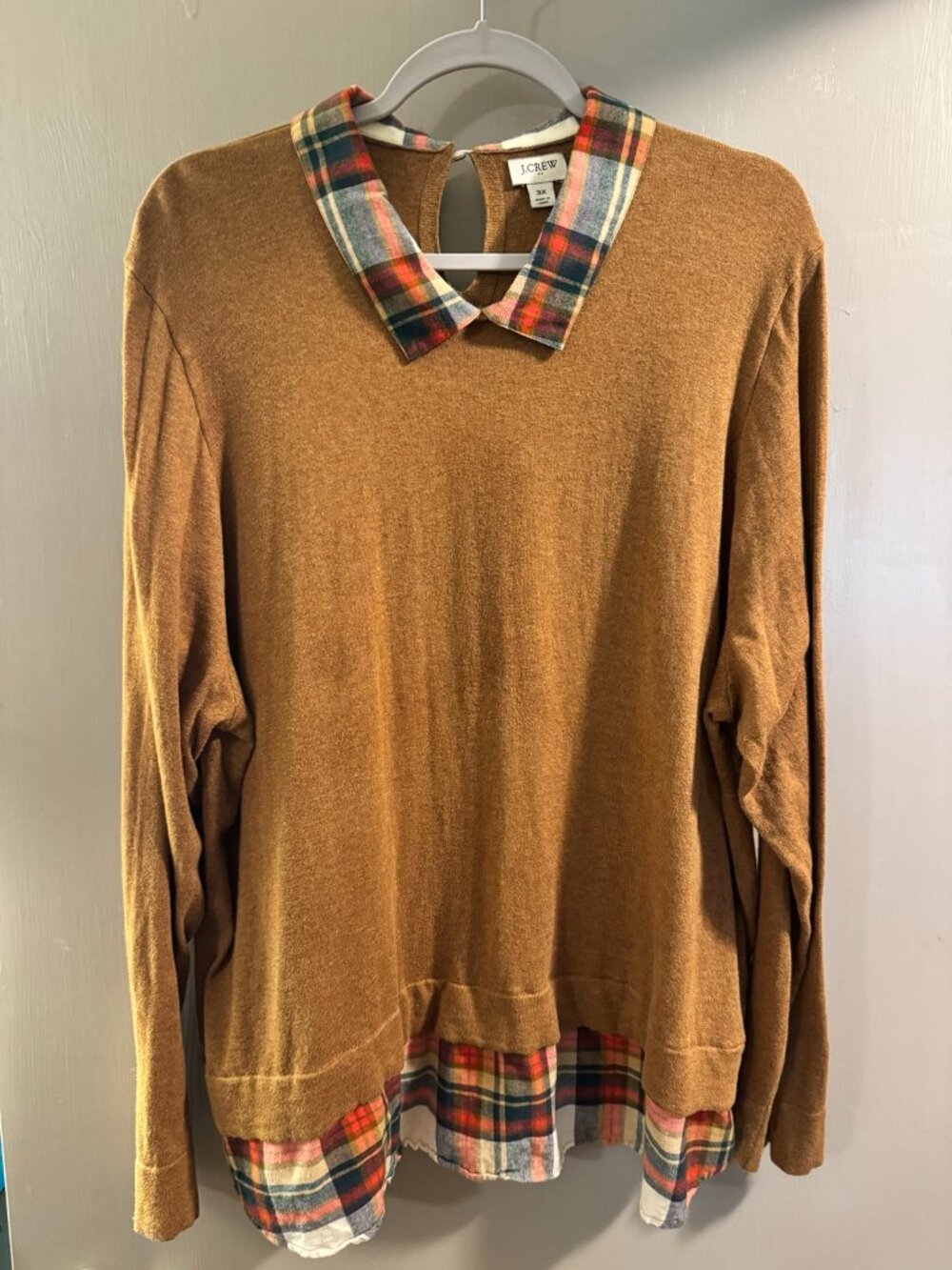 J.Crew 3X Tartan Woven Collar Sweater in Juniper Plaid